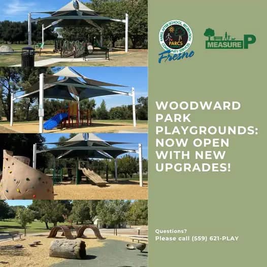 Updated Woodward Park playground area in Fresno with colorful play equipment