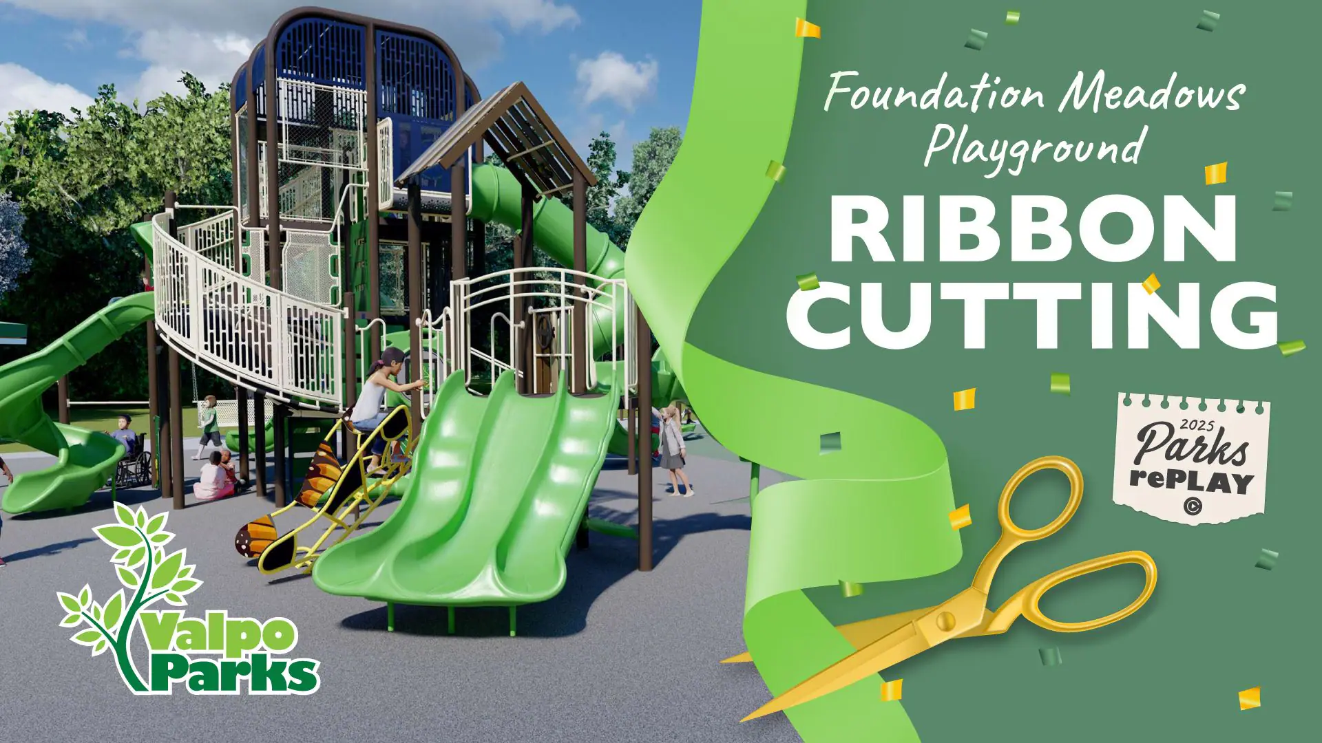 Foundation Meadows Park inclusive playground grand opening graphic from Valpo Parks