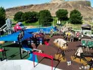 Aerial view of Funland Playground in Hermiston showing the large themed inclusive play areas