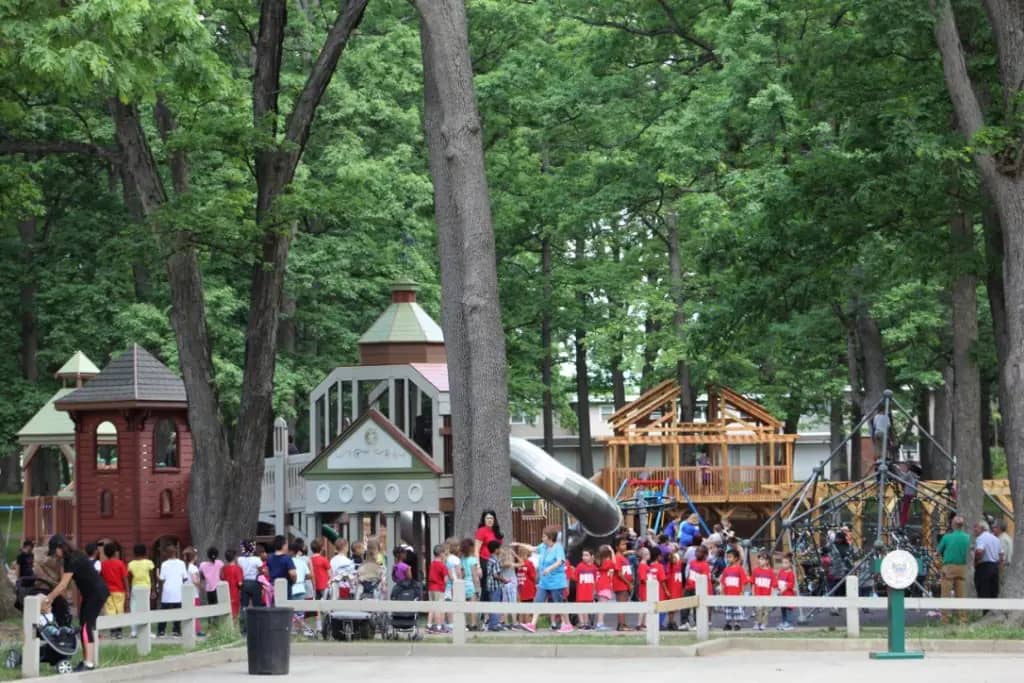 Wide view of the accessible OurSpace playground at Recreation Park in Binghamton