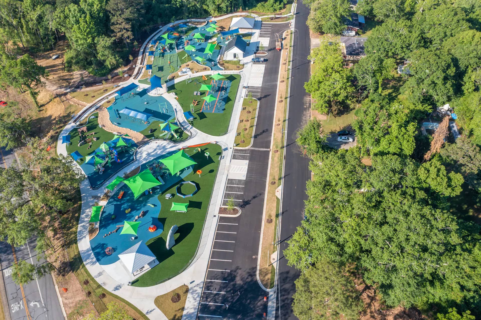 Aerial view of Town Creek Inclusive Playground in Auburn