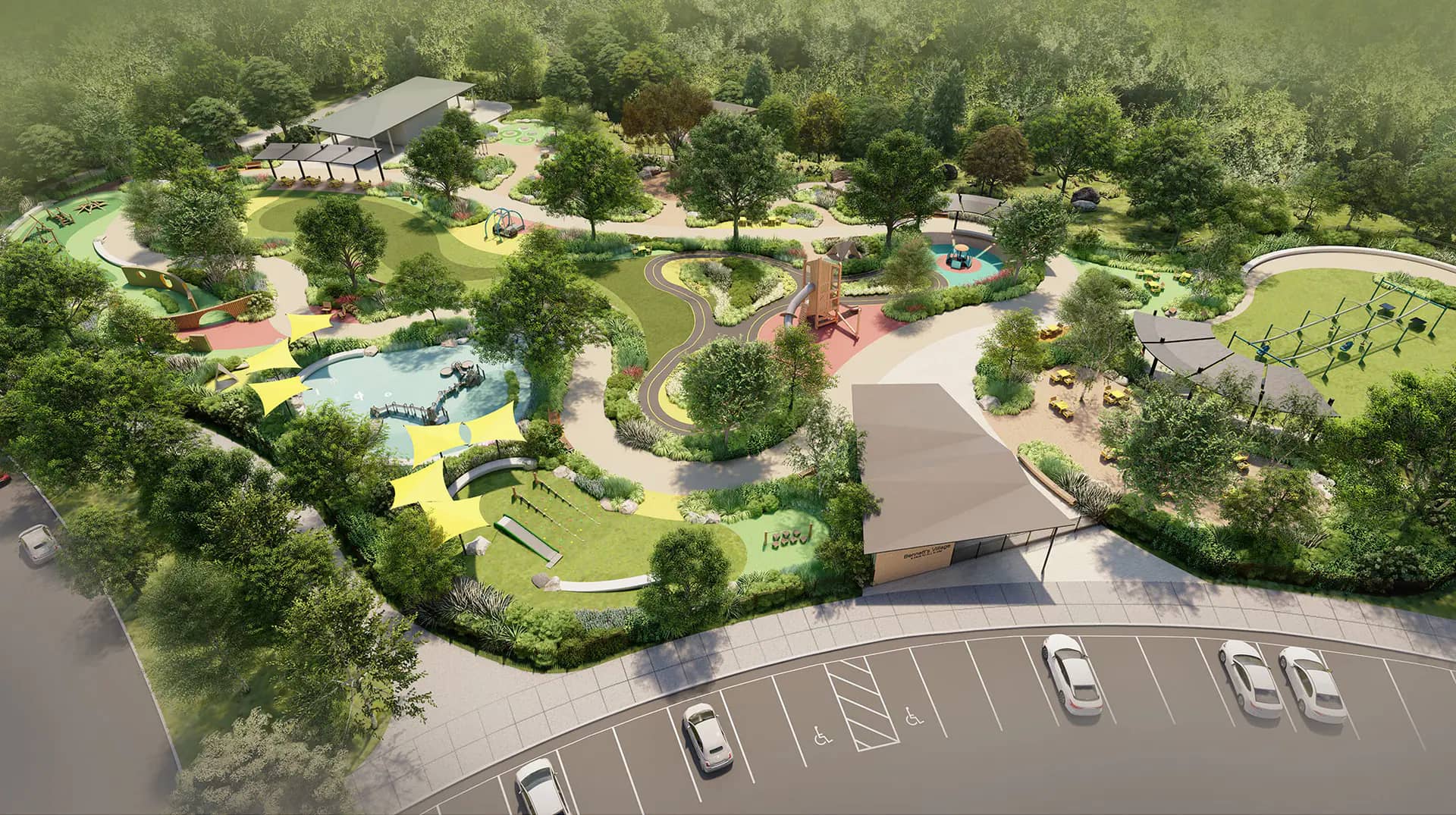 Aerial rendering of Bennett's Village all-abilities playspace at Pen Park in Charlottesville