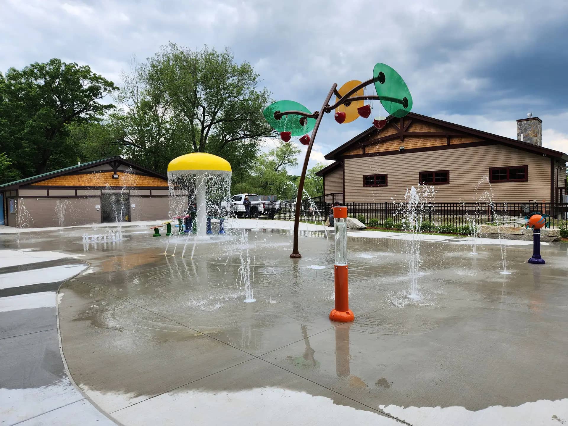 White Park splash pad and surrounding park area in Concord, New Hampshire