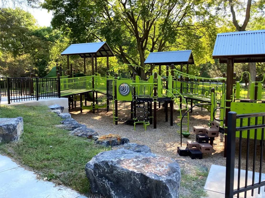 Wide view of Stewart Park Inclusive Playground in Ithaca