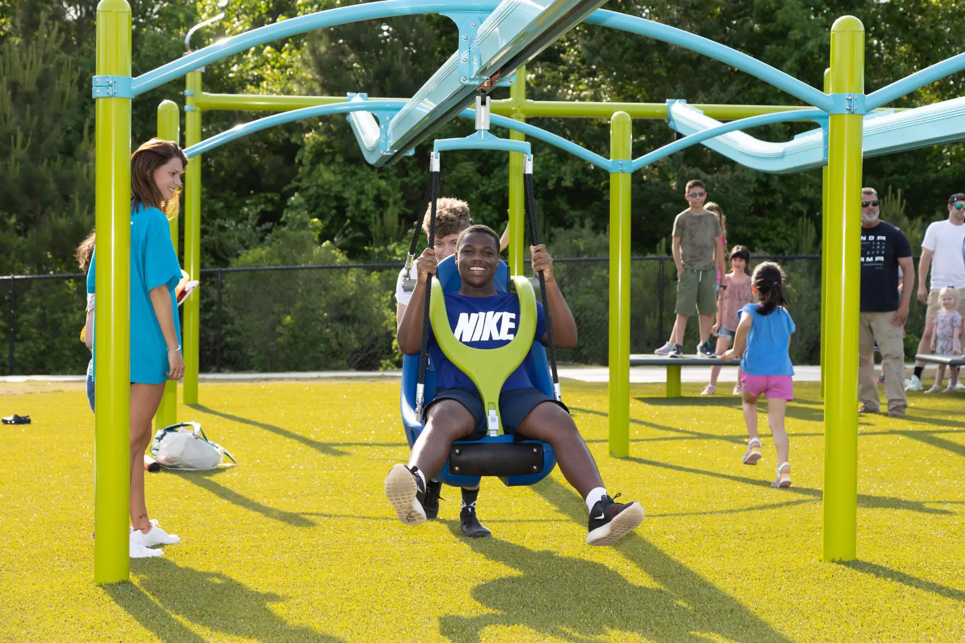 Adaptive zip line and inclusive play area at Leo's Landing Inclusive Playground in Columbia