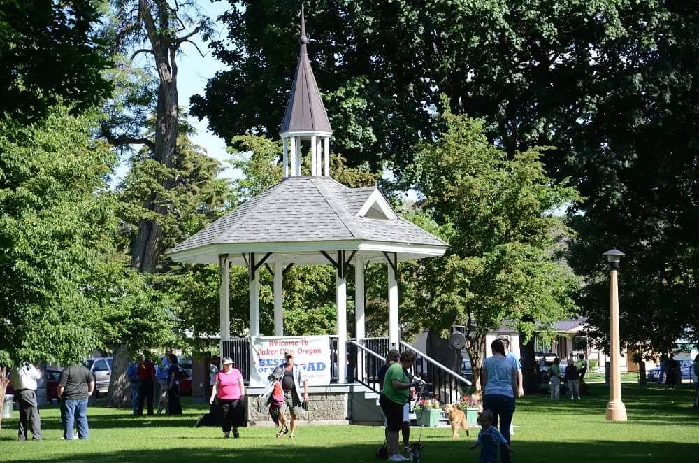 Geiser-Pollman Park in Baker City with green space and mature trees near the inclusive playground area