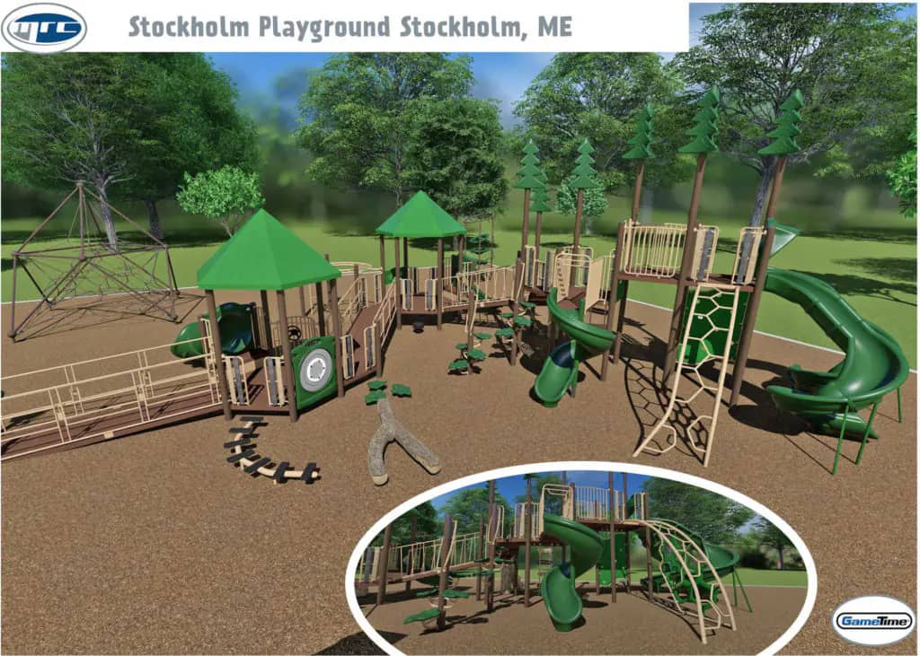 Rendering of the inclusive playground in Stockholm, Maine showing accessible play structures and ramps