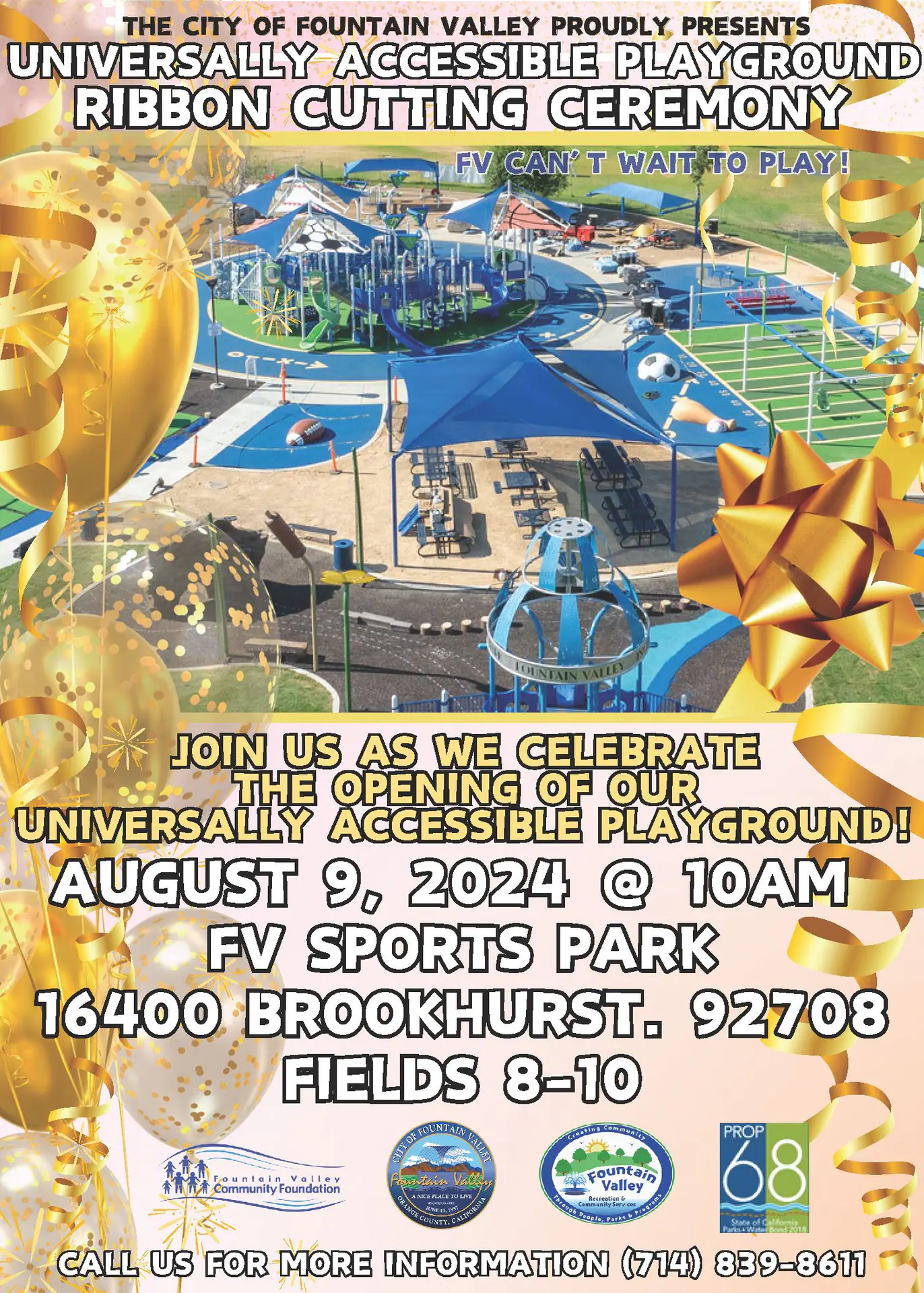 Promotional image for the Fountain Valley Universally Accessible Playground grand opening