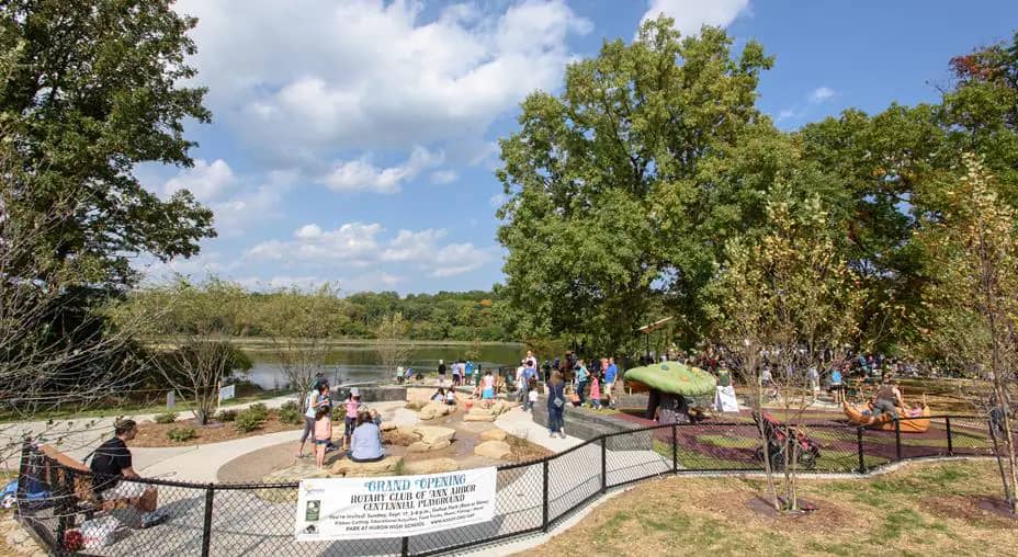 Accessible play area at Rotary Club of Ann Arbor Centennial Playground in Gallup Park