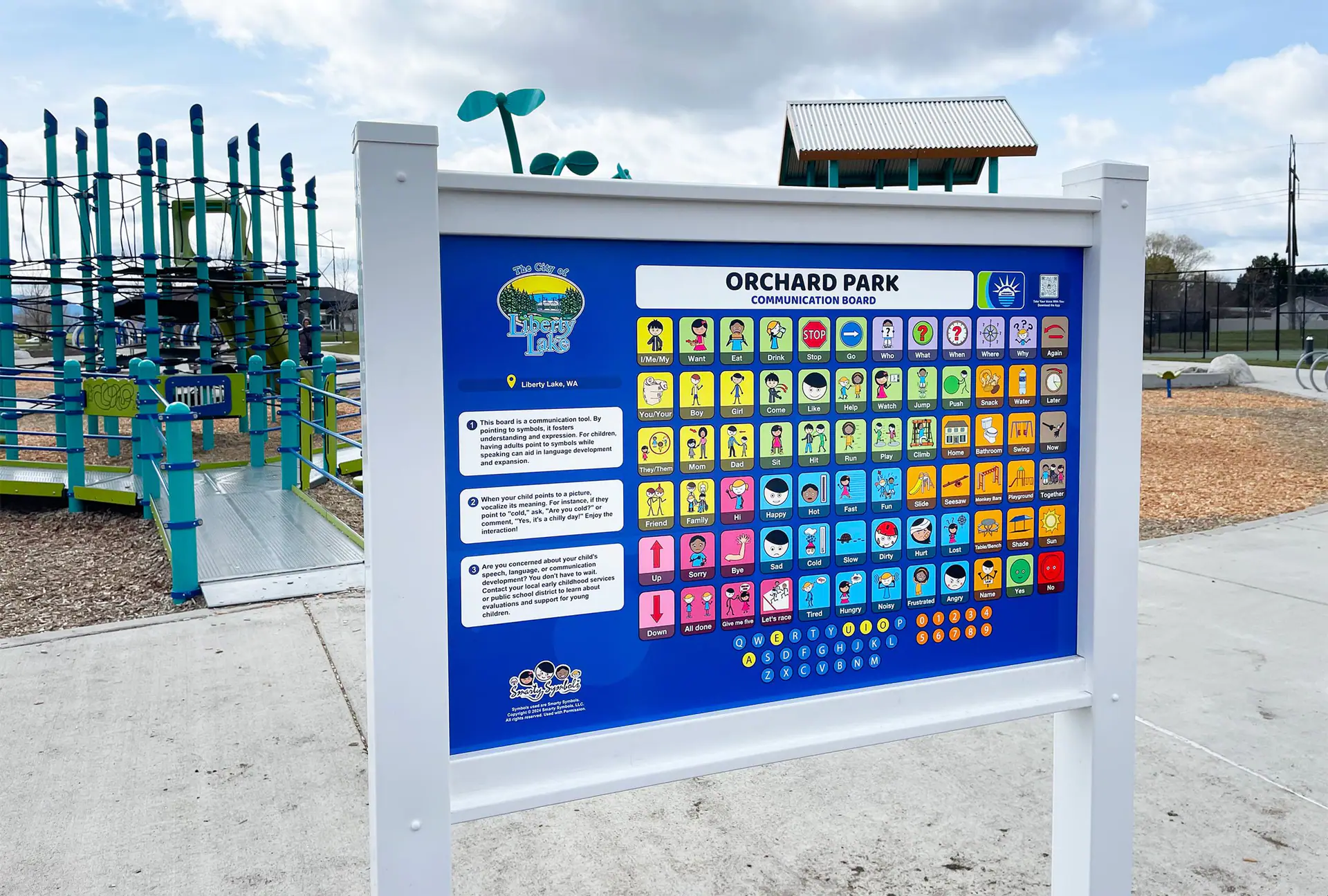 Smarty Symbols communication board installed at Orchard Park in Liberty Lake