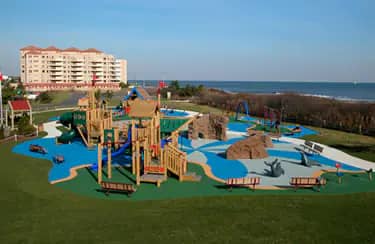 Aerial view of Tony's Place universally accessible playground at Seven Presidents Oceanfront Park