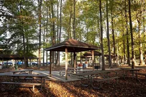Picnic pavilion area at Dunkirk District Park in Dunkirk, Maryland.