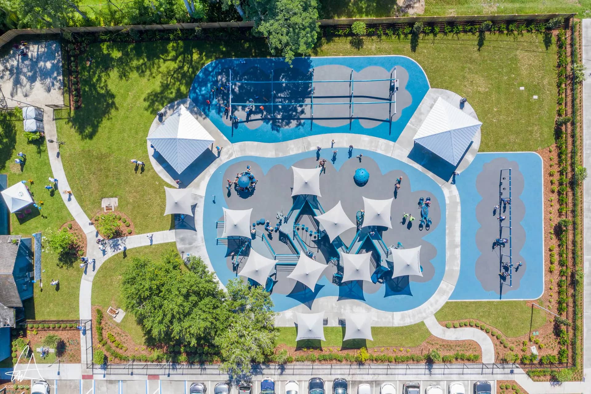 Aerial view of Cannery Park's inclusive playground in St. Cloud