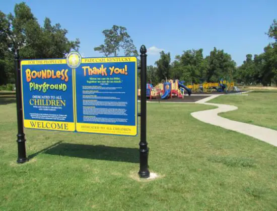 Sign and entry area for the Boundless playground at Bob Noble Park in Paducah